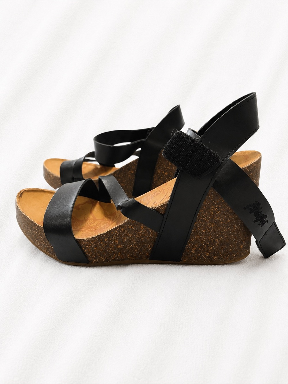 Women's Black Cork Wedge Sandals with Ankle Strap